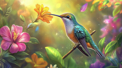 Colorful hummingbird perched among vibrant flowers in tropical rainforest