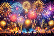 © Dinara - Spectacular fireworks illuminate the night sky while crowds gather joyfully in celebration at a vibrant outdoor festival. Generative AI