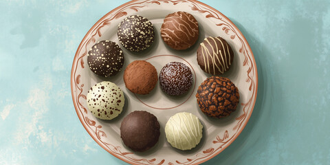 Poster - Selection of truffles displayed on a decorative plate, showcasing textures, sweet illustration