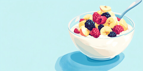 Poster - Yogurt topped with diced apples, berries, and bananas, sweet illustration