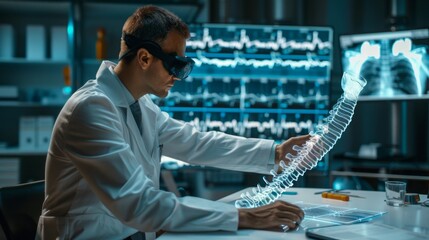 Aufkleber - A man in a white lab coat is looking at a computer screen with a skeleton on it