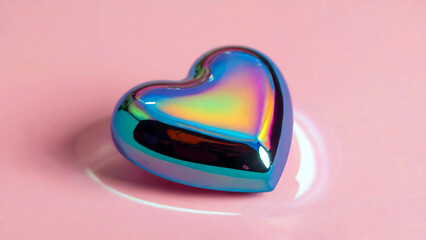 Wall Mural - A vibrant, iridescent heart-shaped object placed against a soft pink background. The heart exhibits a spectrum of colors, ranging from blues and greens to yellows and purples