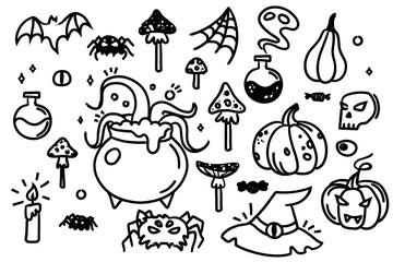 A large set of sketches on the theme of Halloween. Vector illustration with hand drawn textures. Imitation of ink drawing. Attributes of a witch.