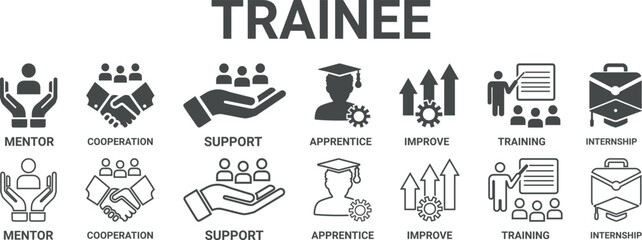 Aufkleber - Line art Trainee web banner icon sheet,  vector illustration concept for internship training and learning program apprenticeship with intern, apprentice, training, mentor, support, cooperation and imp