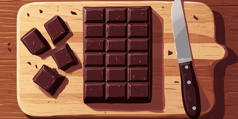 Poster - Chocolate bar on a cutting board with a knife beside it for slicing, sweet illustration