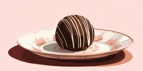 Canvas Print - Classic chocolate truffle on a decorative plate, highlighting shape and texture, sweet illustration