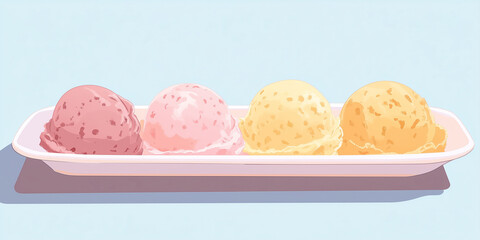 Wall Mural - Dairy-free ice cream scoops arranged in a line on a rectangular dish, sweet illustration