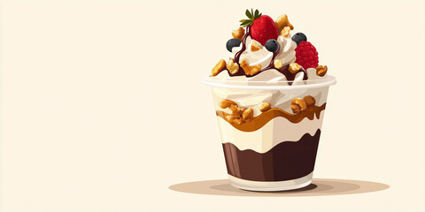 Canvas Print - Dessert cup with mixed toppings including nuts, syrup, and fruit, sweet illustration