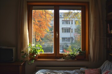 Canvas Print - Window see walkpath and street windowsill furniture plant.