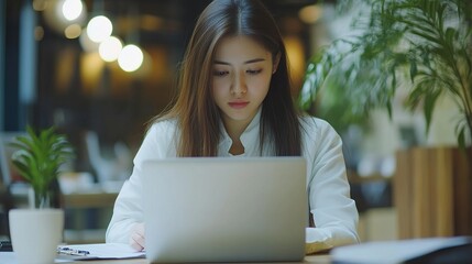 Canvas Print - Woman Working on Laptop in Modern Office Setting