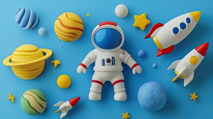 Wall Mural - a white astronaut figurine surrounded by planets, stars, and rockets on a blue background.