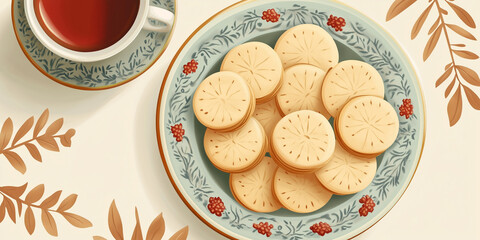 Canvas Print - Shortbread cookies on a decorative platter with a cup of tea in the background, sweet illustration