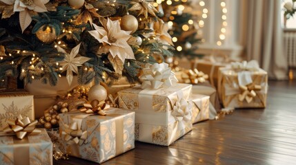 Poster - A Christmas tree with gold and white decorations and a row of gold