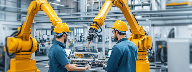 Poster - automation in action: engineers monitor robotic arms in a modern manufacturing facility