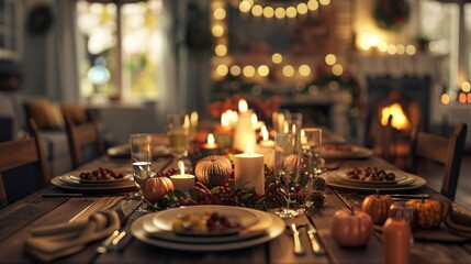 Poster - A table is set for a Thanksgiving dinner with a pumpkin centerpiece