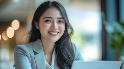 Poster - Smiling Woman in Modern Office Setting