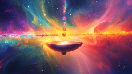 Leinwandbilder - The image depicts a cosmic bowl glowing brightly, surrounded by a swirling array of colorful energy and celestial orbs. The scene conveys a sense of vastness and wonder in a starry universe.