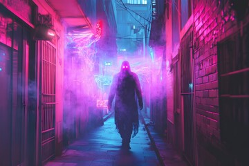 Poster - Mysterious Figure in Neon Alleyway at Night