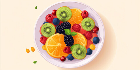 Poster - Fresh fruit mix with orange segments, kiwi, and berries in a bowl, sweet illustration