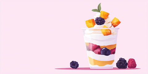 Poster - Frozen yogurt served in a cup, topped with fresh fruit slices, sweet illustration