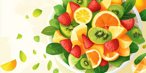 Poster - Fruit salad with mixed fresh pieces and light citrus dressing, sweet illustration