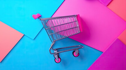 A shopping cart is on a colorful background