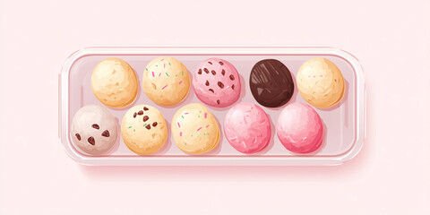 Wall Mural - Gelato scoops in a rectangular glass container with no toppings on a flat surface, sweet illustration