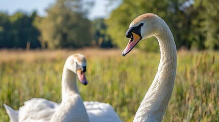 Two White Swans in a Meadow