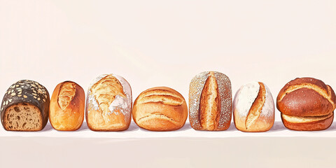 Wall Mural - Group of bread loaves arranged side by side on a neutral, flat surface, sweet illustration