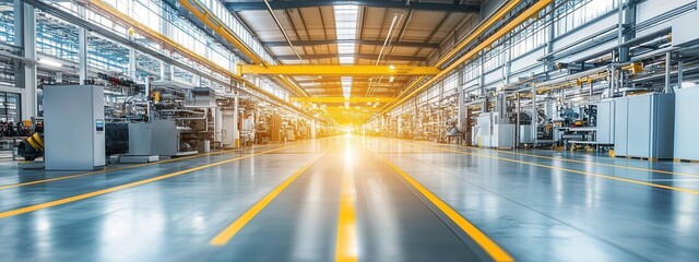 Poster - a brightly lit industrial manufacturing facility showcasing modern machinery and spacious design dur