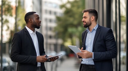 Poster - Two Professionals Engaging in Business Conversation Outdoors