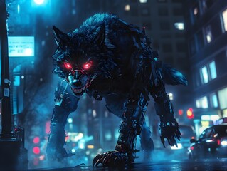 Aufkleber - Cyberpunk Wolf in a Futuristic City Scene