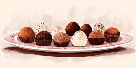 Wall Mural - Selection of truffles displayed on a decorative plate, showcasing textures, sweet illustration