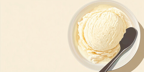 Poster - Vanilla ice cream scoop in a shallow dish on a table, no toppings, sweet illustration