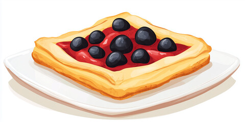 Wall Mural - Square-shaped Danish pastry with a fruit filling on a clean, white plate, sweet illustration