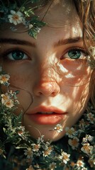 Poster - Close-up Portrait of a Woman with Flowers in Her Hair