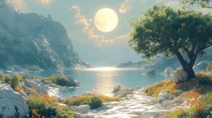 Wall Mural - Serene Mountain Lake Landscape with Full Moon