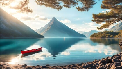 Wall Mural - Serene Reflections of a Majestic Volcanic Landscape in a Tranquil Lake