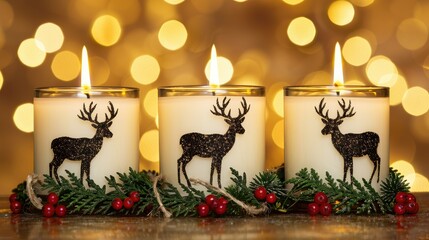 Poster - Three white pillar candles with Christmas decorations