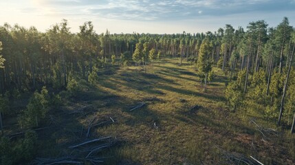 Poster - A forest with a lot of trees and a field of grass