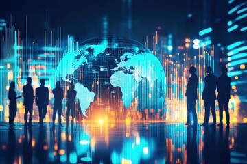 Global Connections: A diverse group of business professionals stand united against a backdrop of a glowing digital globe, symbolizing their global reach and interconnectedness.  