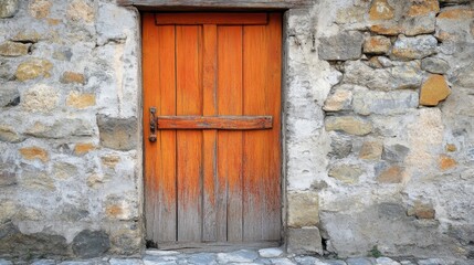 Rustic stone wall with weathered orange door