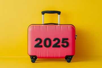 bright future travel: vibrant red suitcase with bold 2025 numerals on yellow background for modern t