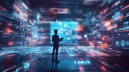 Poster - Startup Founder Presenting Innovative Holographic Data Visualization in a High Tech Office Backdrop for a Virtual Business Pitch or Corporate Presentation