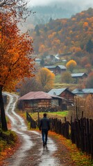 Poster - A man walks down a road in a rural area with houses and trees in the background