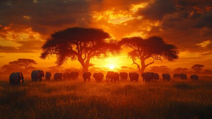 Sticker - African Elephants Silhouetted Against a Fiery Sunset