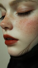 Canvas Print - Close-Up Portrait of a Woman with Freckles and Red Lipstick