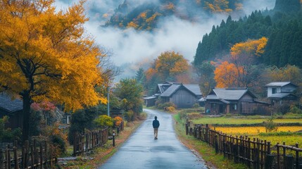 Poster - A man walks down a road in a rural area with houses and trees
