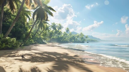 Wall Mural - Tranquil beach paradise  a serene escape with lush palms and gentle waves under warm sunlight