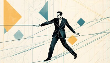 Man in a suit walking a tightrope, arms outstretched, embodying balance and precision within a geometric abstract environment